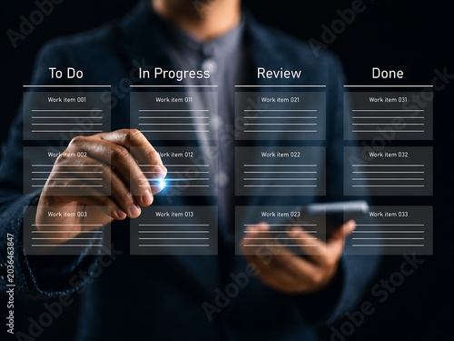 Project management kanban board with tasks categorized into to do in progress review and done columns for workflow organization.