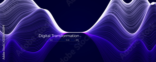 Digital transformation abstract wave lines, futuristic tech data flow background. Transformation visuals for website header, business presentation, fintech branding. AI tech waves Vector illustration.