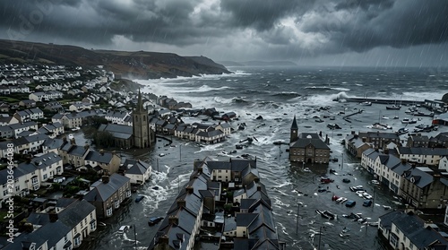Aerial view of a coastal town flooded by a severe storm surge