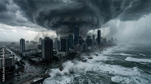 Dramatic storm surge and hurricane hitting a coastal city skyline