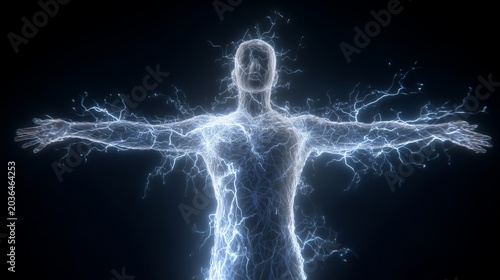 A visualization of human nervous system as glowing lightning network across dark background, full body silhouette, electric blue and white tones, medical concept