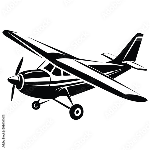 Small propeller airplane vector illustration, light aircraft silhouette design isolated on white background