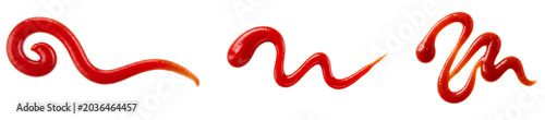 Ketchup Swirls Set PNG. Top view of multiple glossy red tomato sauce splashes isolated for fast food menus. Fresh and sticky ketchup squiggles collection flat lay PNG.