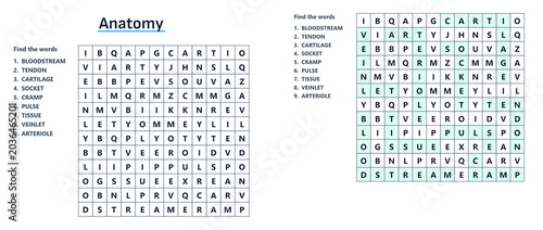 Bild auf Leinwand Anatomy Word Search Puzzle Sheet for educational fun and learning