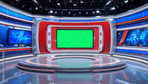 News studio set with green screen, red and silver accents, blue background, screens television studio