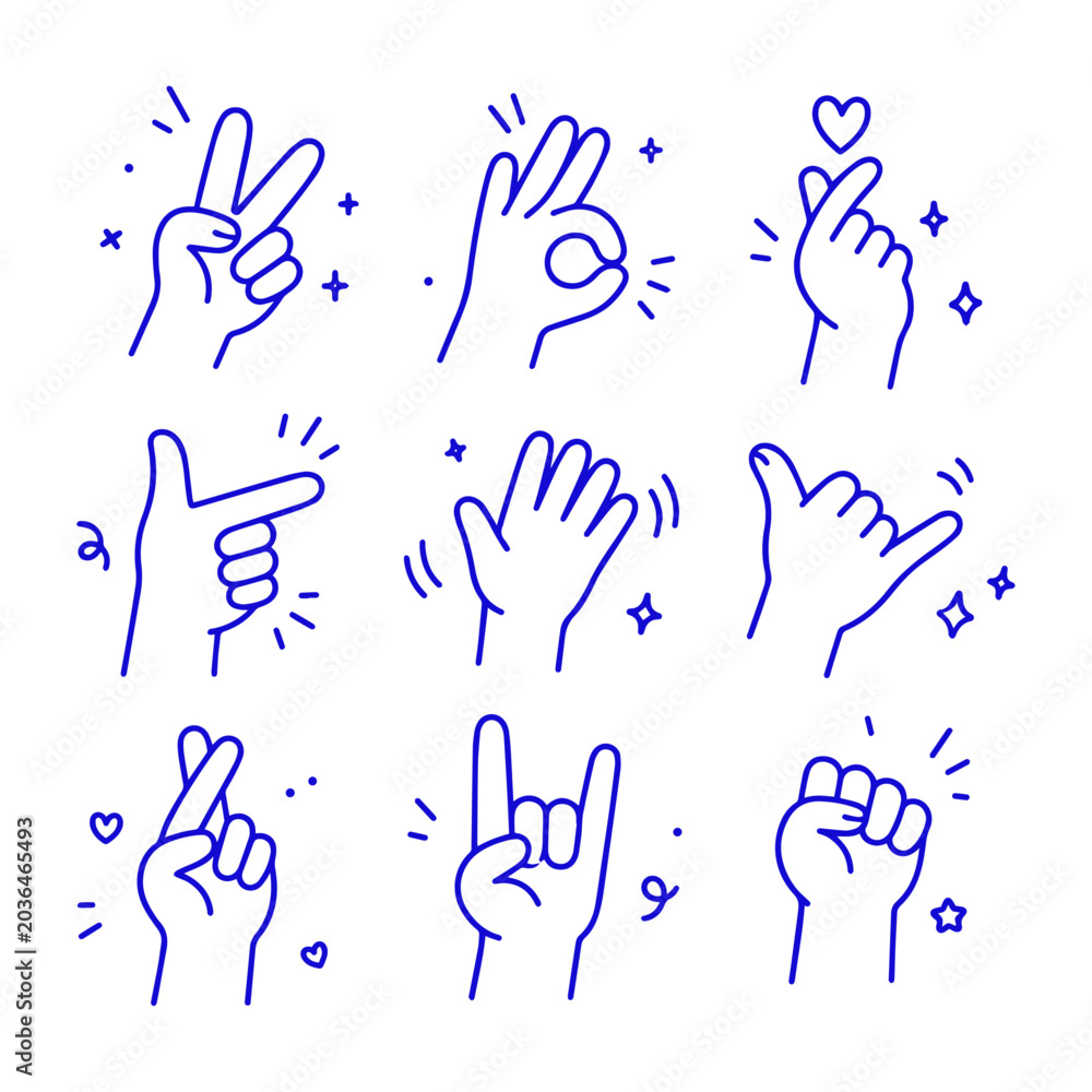 Fototapeta premium set of hands showing various gestures, line art doodle style, different hand poses collection.