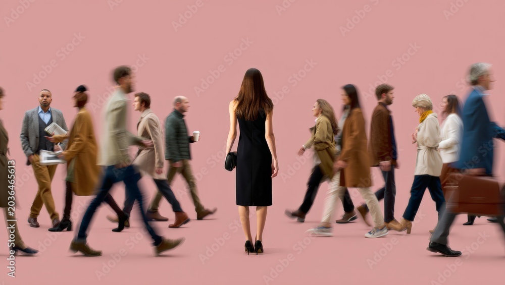 Fototapeta premium A woman stands out from a crowd by her stillness and different direction, conveying a sense of individuality and self-expression in an urban setting.