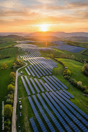 Aerial view of solar panel power station on green meadow at sunset. Sustainable renewable energy concept. Solar farm in rolling hills landscape for eco friendly electric generation.