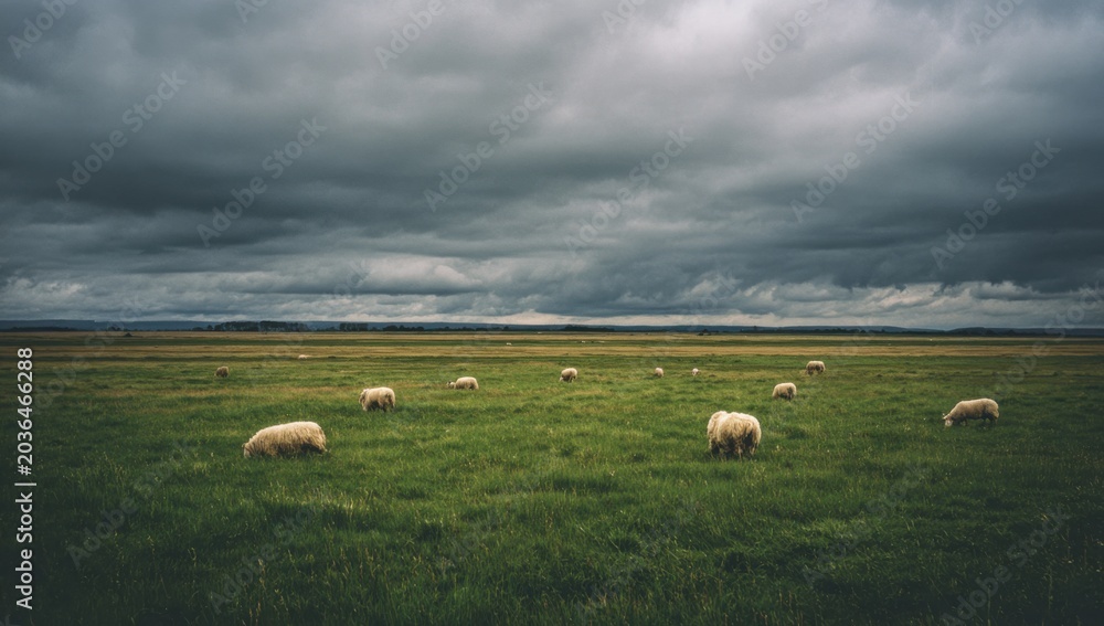 Fototapeta premium Flock of Sheep Grazing in a Vast Green Field Under a Dramatic Stormy Sky.