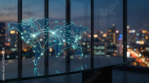 Glowing blue map with interconnected lines over a glass table, city lights at dusk