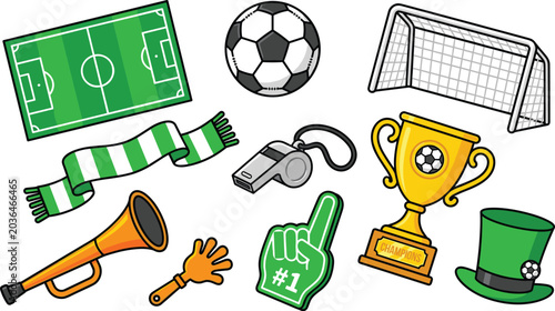 Set of football soccer equipment icons, championship trophy, ball, field, fan accessories, and goal, vector illustration.