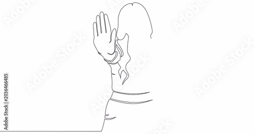 Self drawing line animation young business woman showing palm as stop sign, stay, hold or rejection gesture continuous one single line drawn concept video