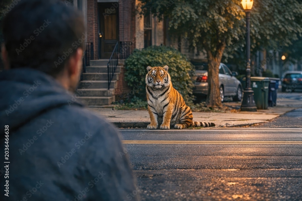 Fototapeta premium A tiger sits next to a person on a road, an unusual and potentially tense situation