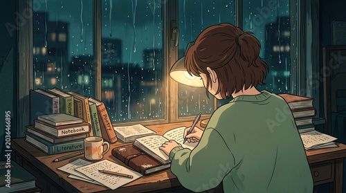 Young woman studying at desk with books and lamp on rainy night, city lights visible through window