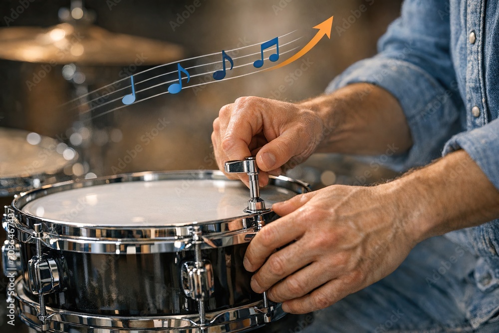 Obraz premium A musician playing a drum with musical notes floating out, great for music-related themes and projects