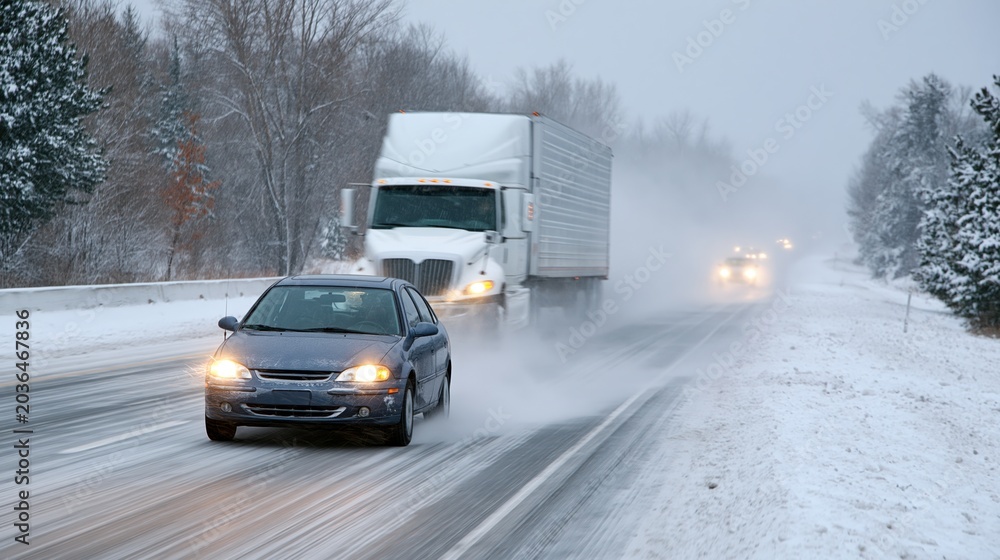 Obraz premium Car driving behind a large truck on a slushy winter highway with poor visibility