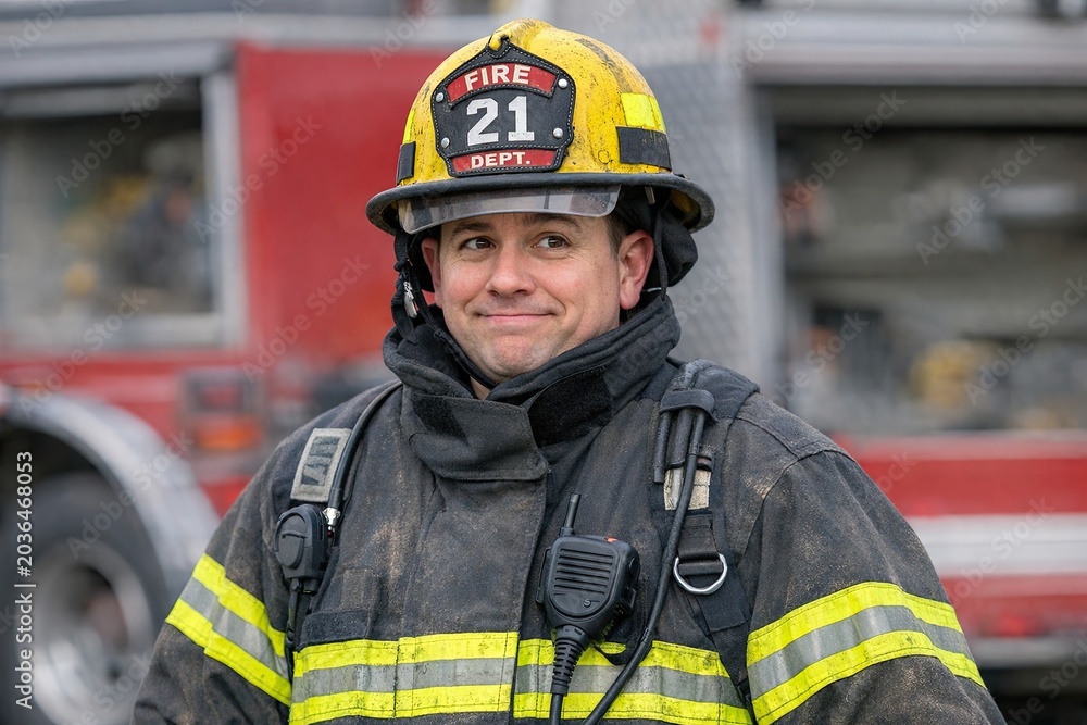 Obraz premium A firefighter standing in front of a fire truck, ready for action