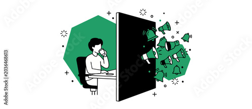 Bild auf Leinwand Man blocking digital noise notification at desk with soundproof wall
