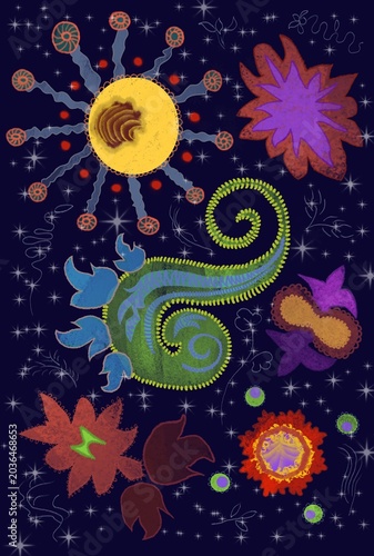 Abstract shapes of different colors and textures in a fairytale background.