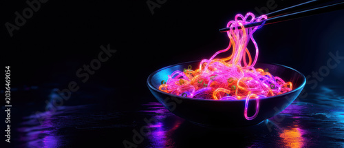 Neon noodle chopstick bowl asian food glowing long exposure still life dark background