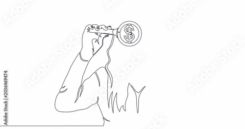 Self drawing line animation woman observing a dollar sign with a magnifying glass. Financial study, observation continuous one single line drawn concept video