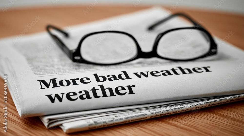 Fototapeta premium Newspaper headline about bad weather with reading glasses on top