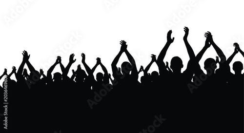crowd silhouette with raised hands on white background