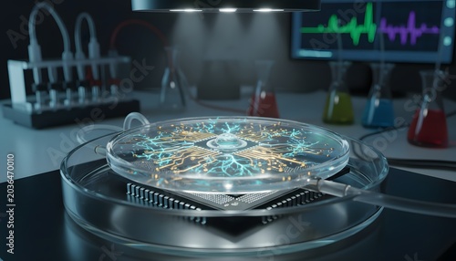 Futuristic laboratory experiment showcasing a glowing bio circuit within a petri dish connected to advanced technology