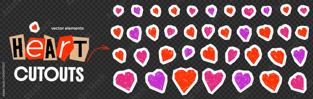 Fototapeta premium Heart collage with paper cutout and sticker shapes with torn icon edges for scrapbook. Bright pink red purple hearts ripped from craft paper. Vector graphic papercut pack on black isolated.