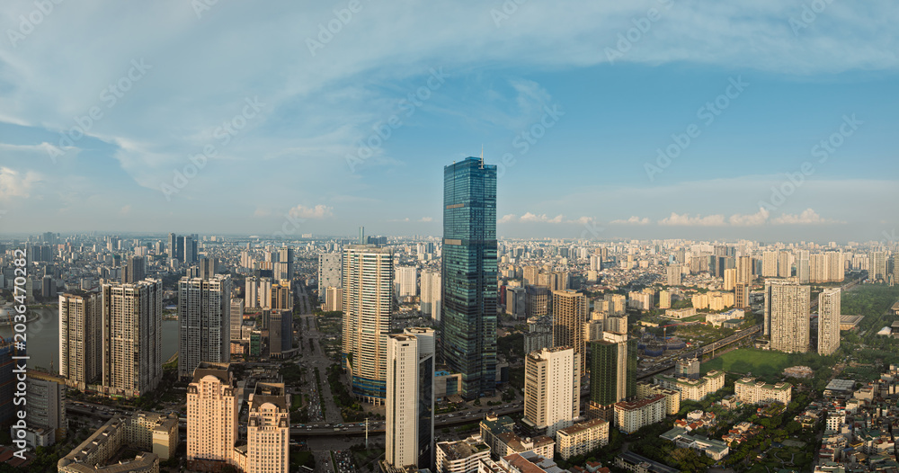Fototapeta premium Daytime aerial panorama of Pham Hung Me Tri urban skyline with modern office towers and residential buildings in Hanoi Vietnam.
