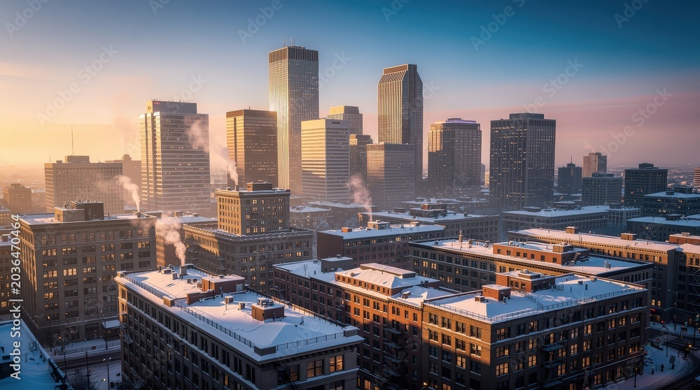 Fototapeta premium A winter cityscape at sunrise with snow-covered rooftops and steam rising from buildings in an urban downtown area.