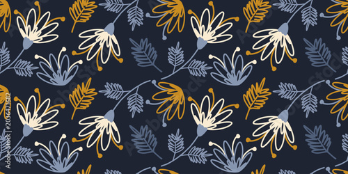Billede på lærred Seamless pattern featuring hand-drawn stylized flowers and feathery leaves in mustard, cream, and blue tones on dark navy background