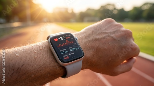 Active person checks heart rate on smartwatch during outdoor run on sunny track