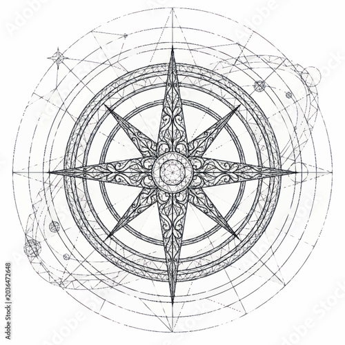 Photos Ornate compass rose with celestial map details.