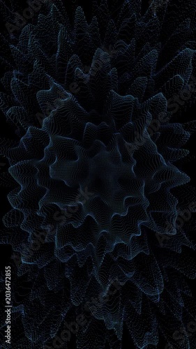 A dark abstract vertical background featuring a dense field of small blue dots arranged in a dynamic, wavy pattern. digital visualization concepts of data flow, interconnected networks, and technologi