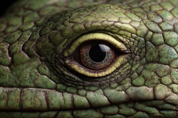 Extreme Close-Up Lizard Eye with Green Scales, Reptile Iris Macro Photography, Wildlife Anatomy Texture Scientific Study