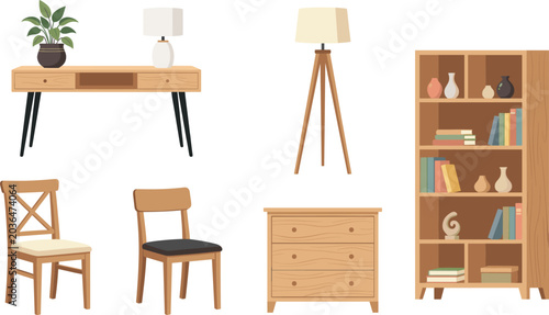 A professional vector furniture set featuring a modern wooden desk bookshelf chairs chest of drawers and lamps