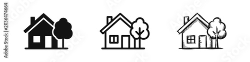 Bild auf Leinwand House with Tree Real Estate Icon Set in Solid, Outline, and Hand-Drawn Sketch St