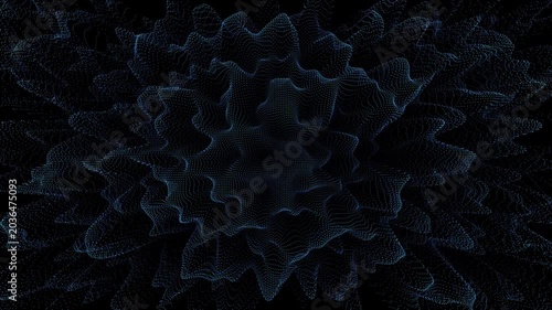 A dark, abstract background featuring a dense field of small blue dots arranged in a dynamic, wavy pattern. This digital visualization evokes concepts of data flow, interconnected networks, and techno