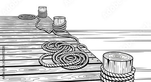 Принти на полотні Wooden pier dock with coiled nautical ropes and mooring posts line art illustration