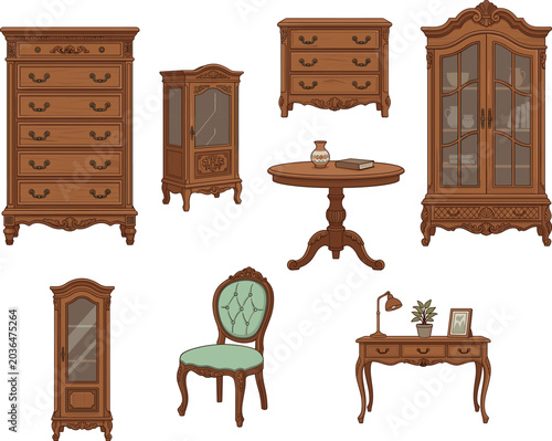 A professional vector vintage furniture set featuring antique wooden cabinets dressers wardrobes desks chairs and interior design elements