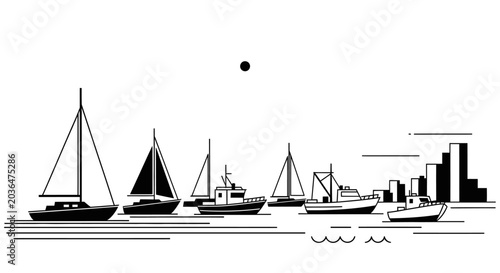 Photos Stylized black and white illustration of boats docked in a harbor with a city skyline