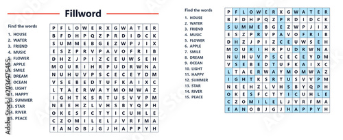 Photos Filled word puzzle with words highlighted in blue for cryptogram concept