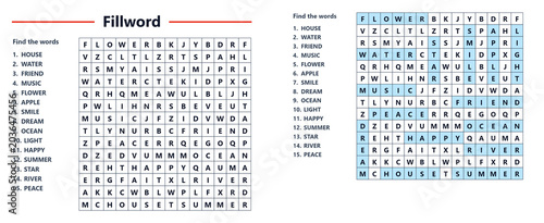 Photos Puzzle with hidden words in grid for educational cryptogram concept