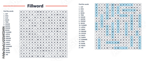 Photos Fillword puzzle with grid and highlighted words for cryptogram challenge