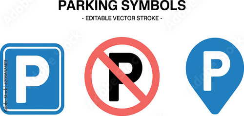 Set of editable vector parking symbols with different styles and meanings