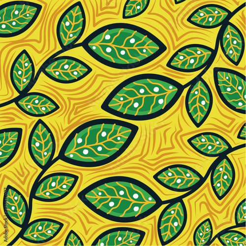 Yellow Leaf Pattern Aboriginal Inspired Nature Style Seamless Art Illustration