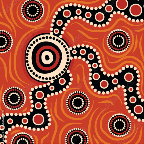 Red Aboriginal Dot Painting Tribal Wave Pattern Art Illustration