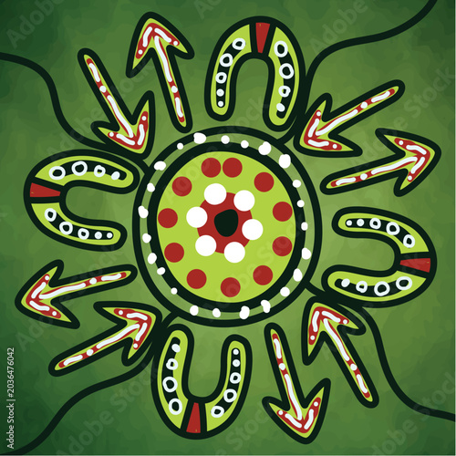 Green Symbolic Aboriginal Tribal Dot Traditional Painting Illustration