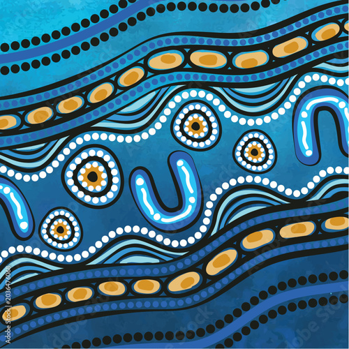 Aboriginal inspired blue river pattern illustration with wave shapes